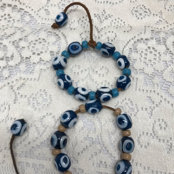 Natural Stone Evil Protective Eye Bracelet Leather Cord Strung Set Of 2 - Picture 6 of 9